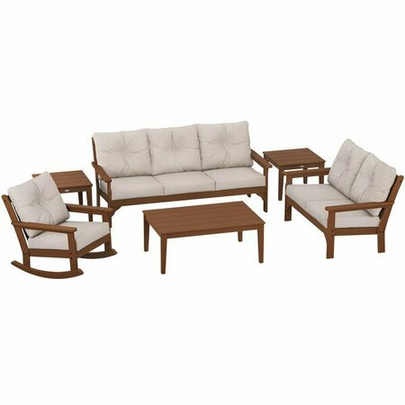 POLYWOOD Vineyard Teak / Dune Burlap 6-Piece Deep Seating Patio Set with Rocking Chair 633PWS32T145